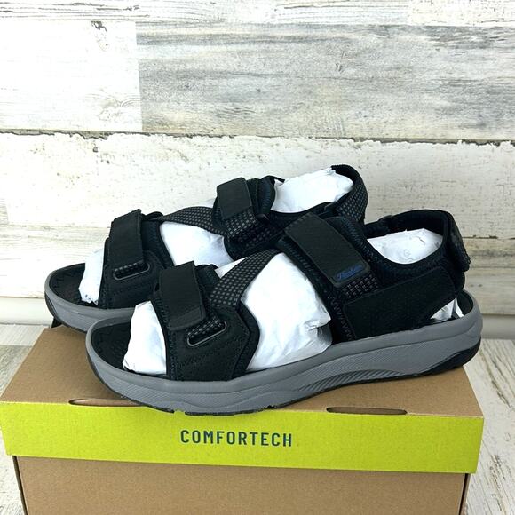Florsheim Other - Florsheim Men 8 Black Leather Treadlite River Sandal Adjustable Slip On NWB